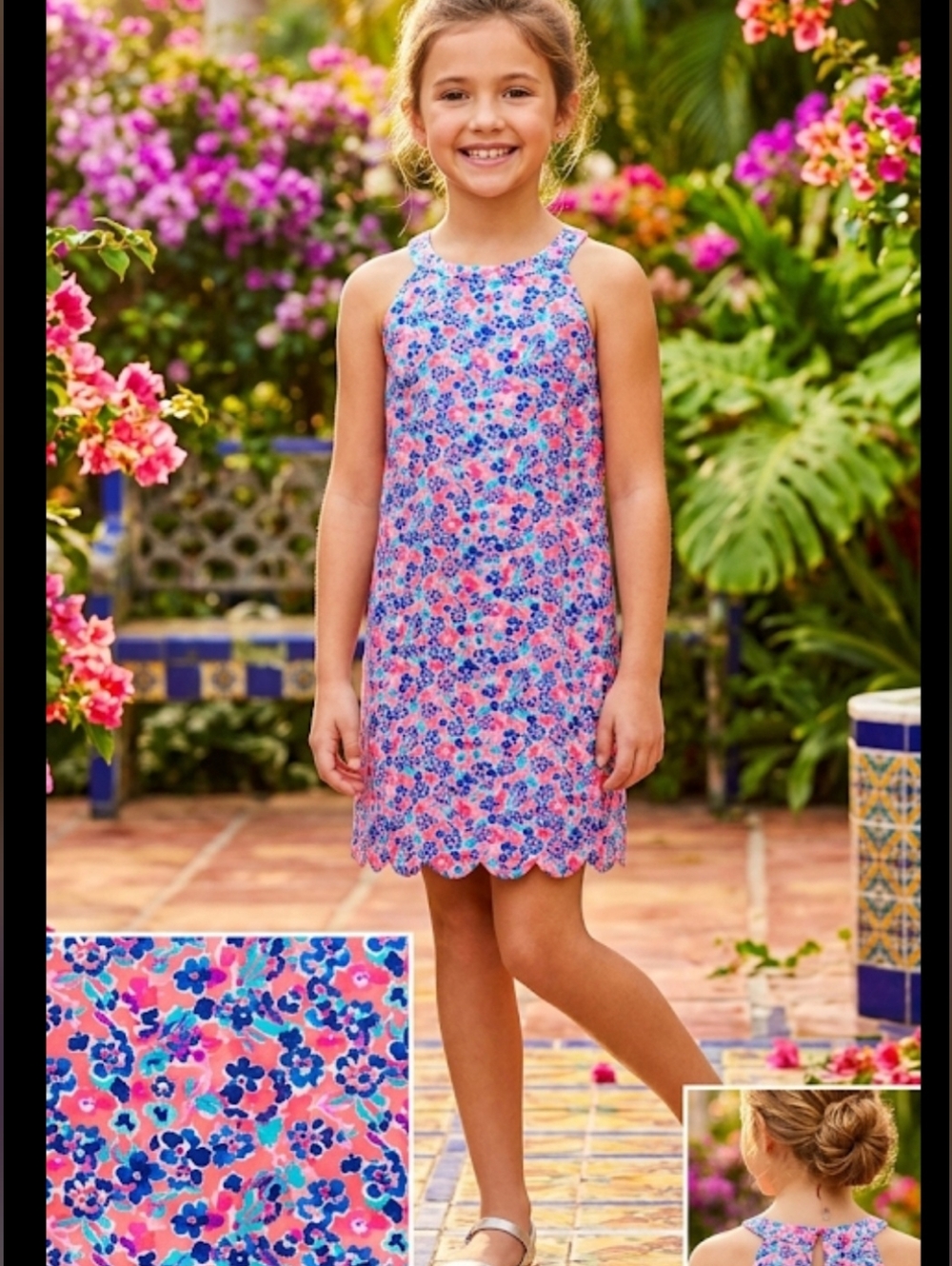 Lilly Pulitzer Pink and Blue Floral Halter Dress for Girls, Size 12